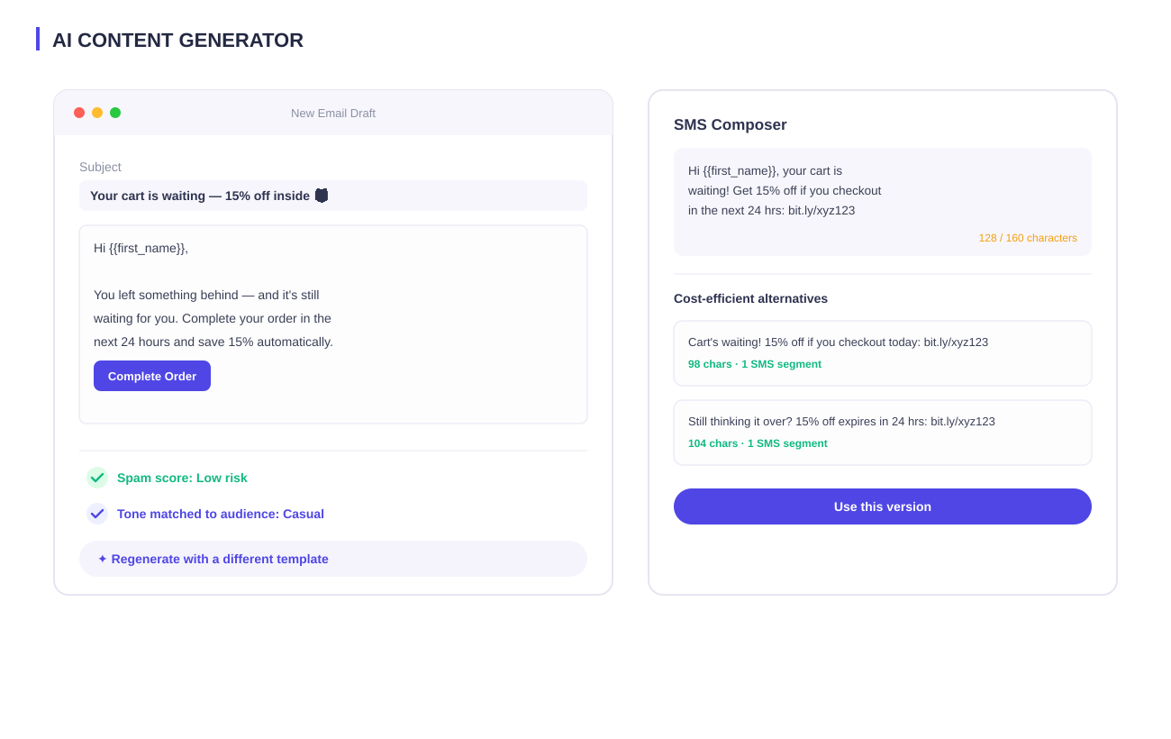 Plumb5 AI Content Generator showing an email draft with spam score and tone checks