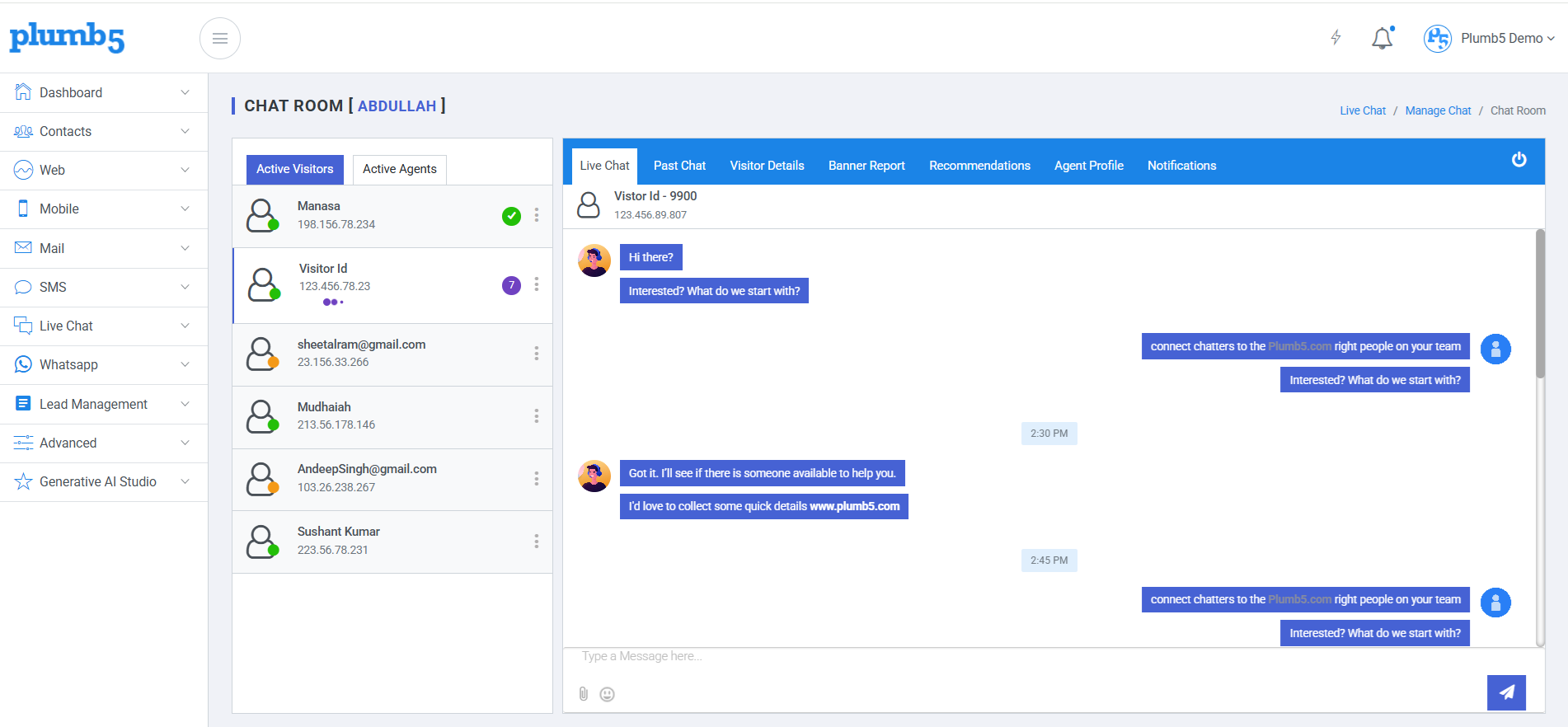 Plumb5 chat flow with Live Chat listed alongside other channels in the sidebar