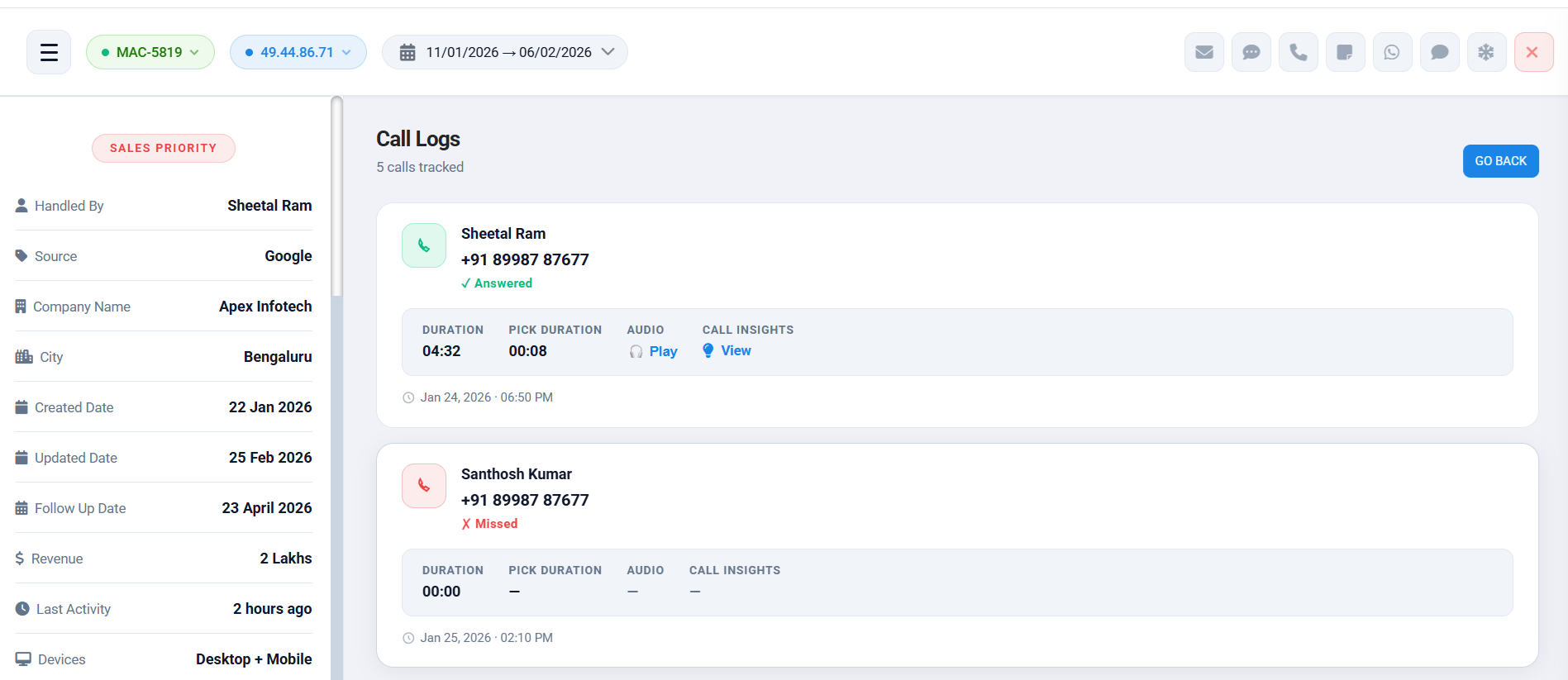 Plumb5 click-to-call widget placing an internet call alongside a customer profile