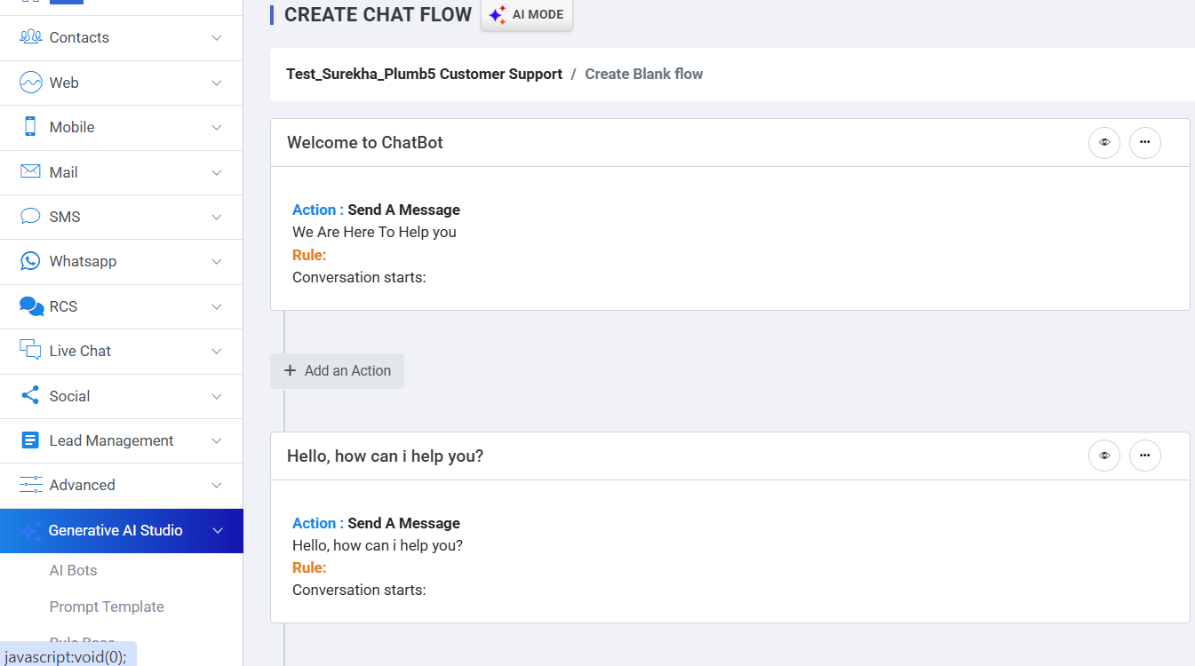 Plumb5 chat flow builder showing a Welcome to ChatBot step with a Send a Message action and rule