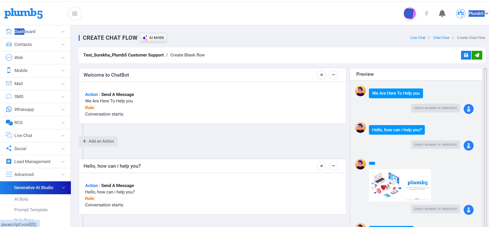 Plumb5 Create Chat Flow builder with AI Mode toggle, a welcome message action and rule, and a live preview panel