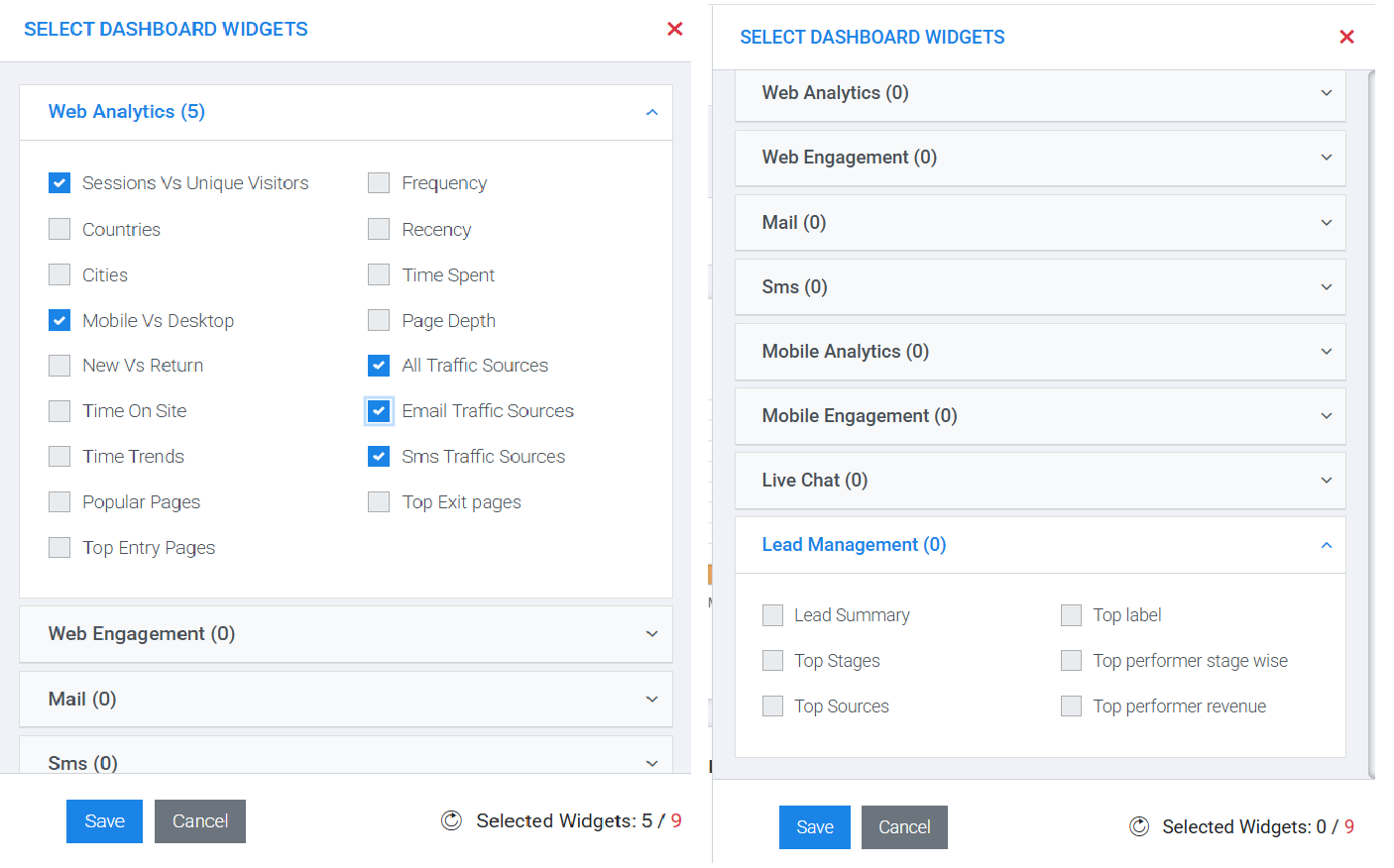 Plumb5 widget picker showing Web Analytics widgets like Sessions vs Unique Visitors, Mobile vs Desktop and Traffic Sources with a selected widget counter