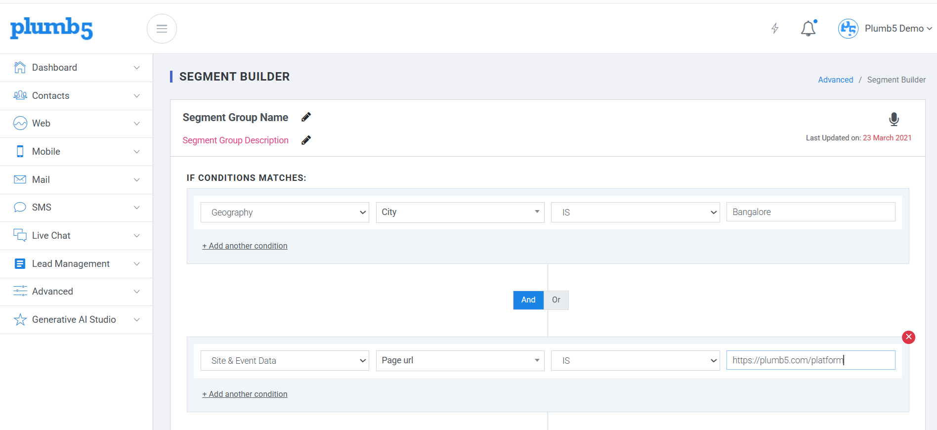 Plumb5 Dynamic Segment Builder Dashboard