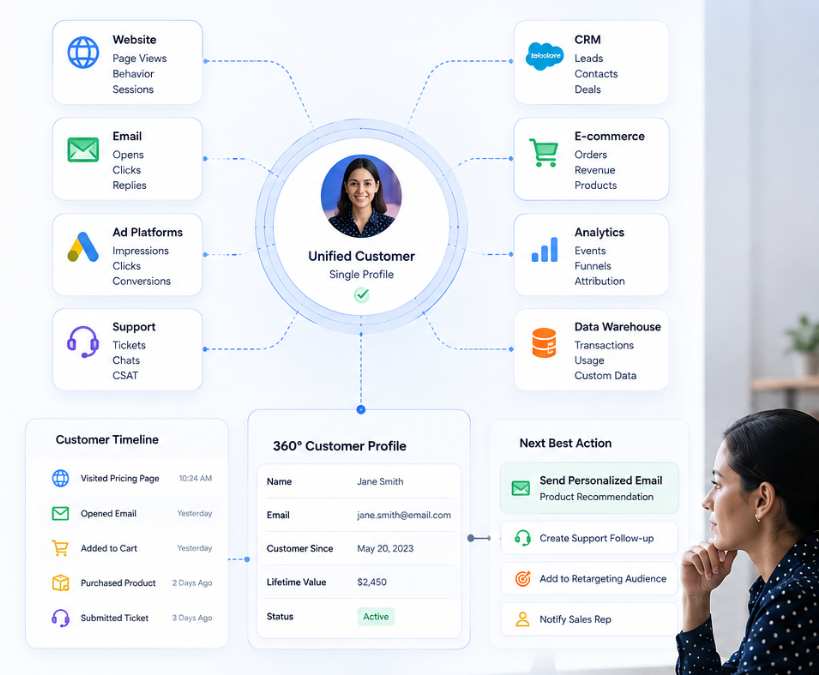 Plumb5 unified customer profile showing merged channel activity