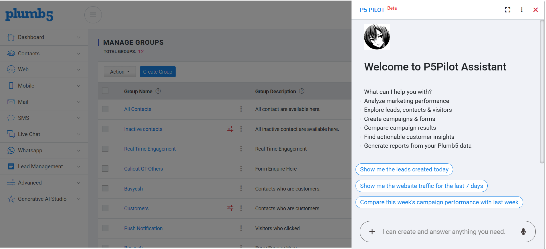 P5-Pilot panel open beside the Manage Groups screen, listing what it can help with and suggested prompts