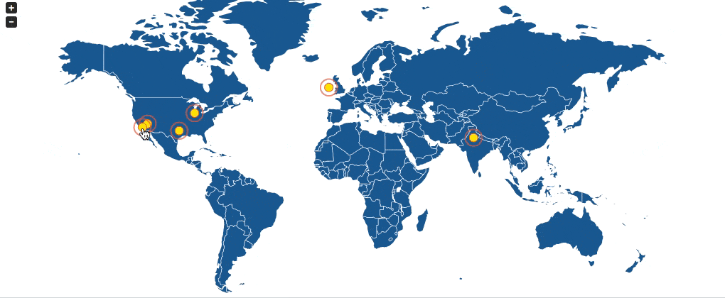Plumb5 Realtime map showing geographic locations of active visitors