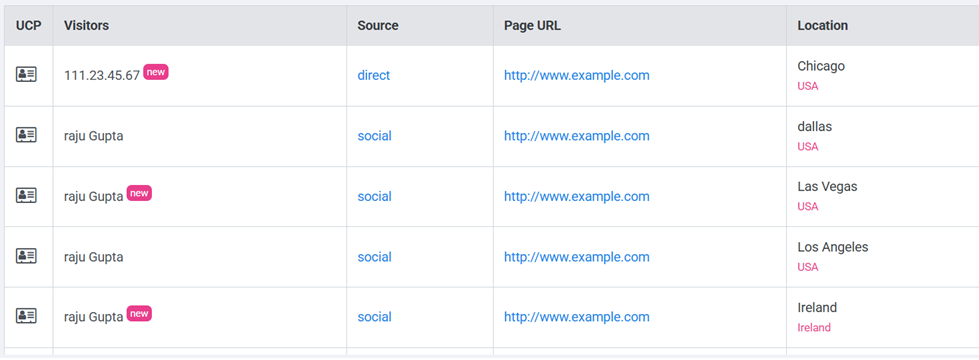 Plumb5 Realtime user details grid showing UCP, visitor ID, source, page URL, and location
