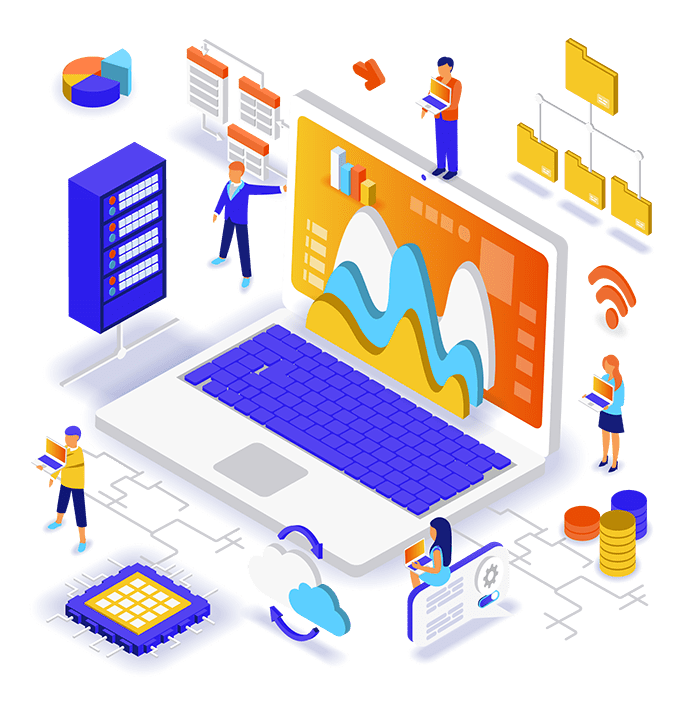 B2B CRM Software platform with data analytics, cloud storage, and business professionals managing customer relationships.