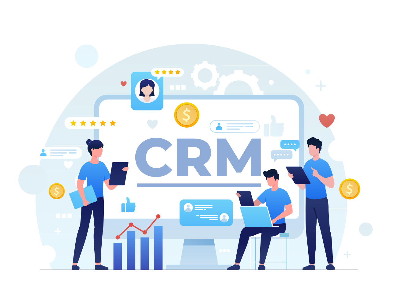 B2B CRM platform with business professionals managing customer relationships and data analytics.