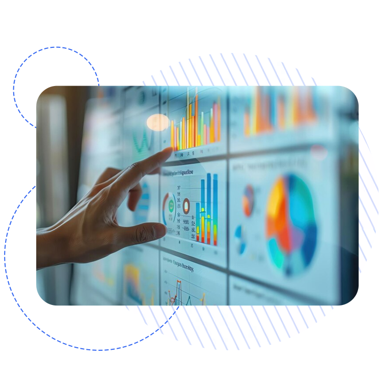 Touchscreen displaying CRM To Manage Leads with data analytics, charts, and performance insights.