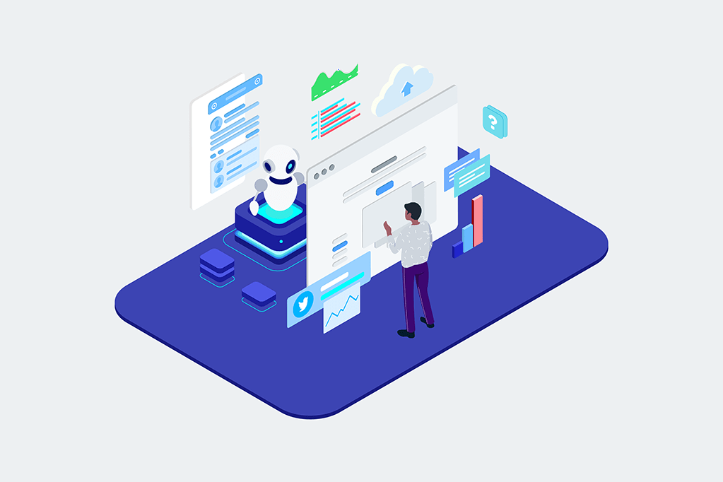 AI powered digital interface with a person interacting with a chatbot and analytics dashboard for CRM For Schools
