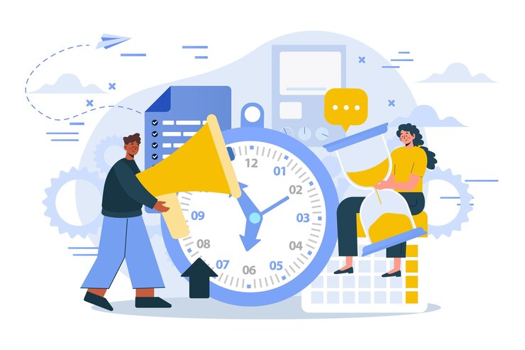 Concept of time management with a giant clock, teamwork, communication, and productivity symbols related to Customer Relationship Management In Schools