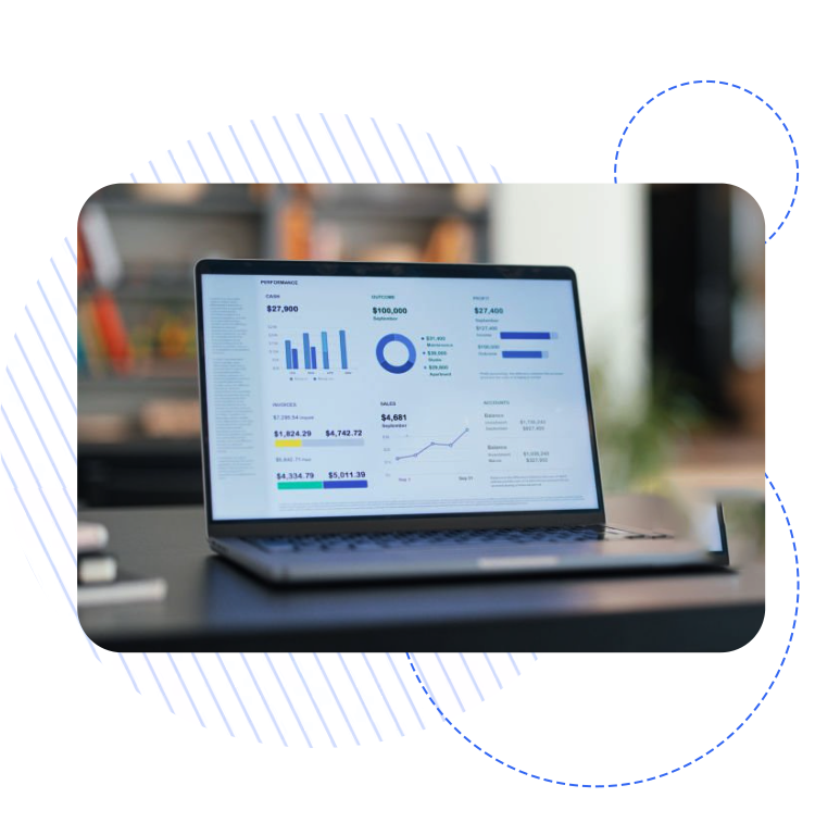 Laptop displaying the Best CRM For Universities system with financial analytics and a business performance dashboard featuring charts and graphs.