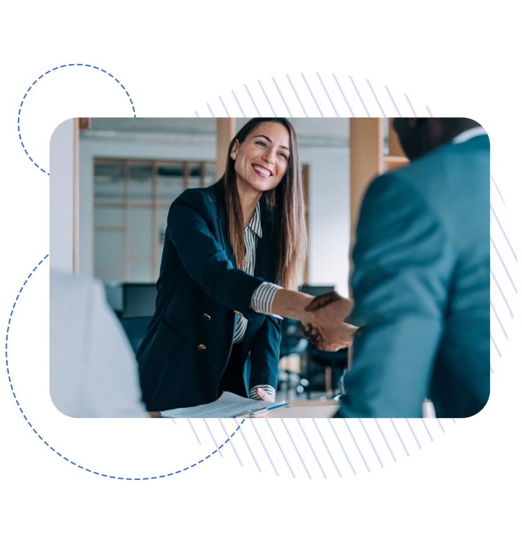Smiling businesswoman shaking hands, representing a Client Engagement Platform for professional relationships.